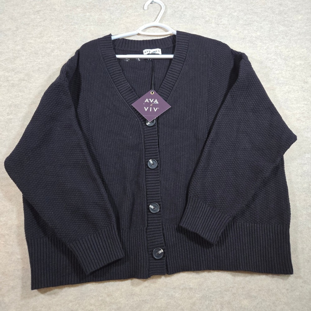 Ava & Viv Womens 1X Black Waffle Knit V-Neck Button Front Cardigan Sweater NEW